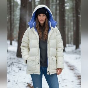 Lands End Down Women's Jacket Puffer Coat L Reversible Removable Hood Blue Cream